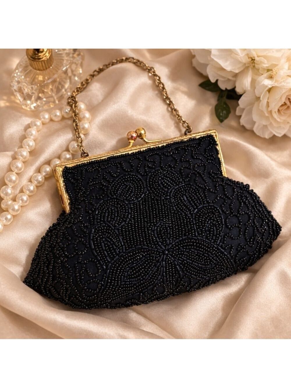 Vintage 1950s Handmade Belgium Black Beaded Kiss Clasp Evening Bag Gold Chain